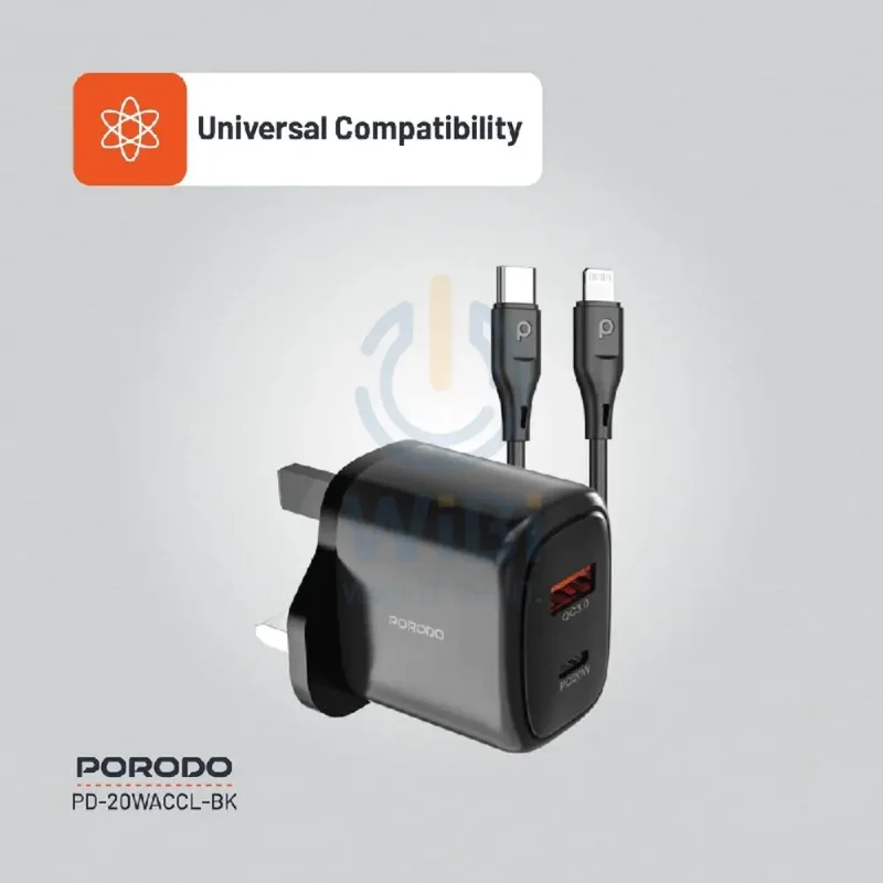 Porodo Charger With USB-C to Lightning Cable - 20W / 1.2 Meter / Black