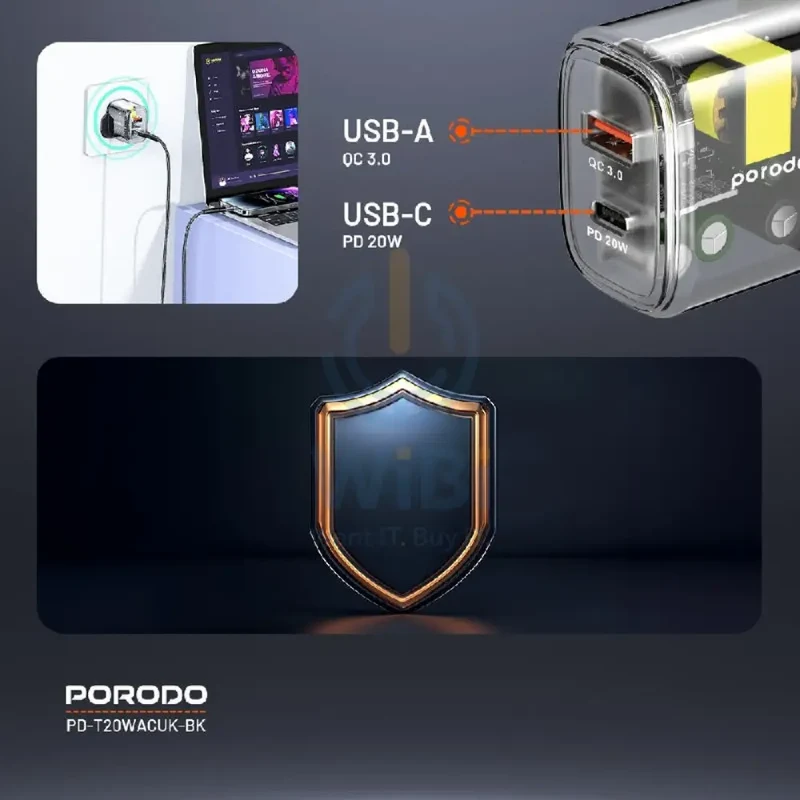 Porodo Dual Output Transparent Quick Charger - USB-C / USB-A / Black