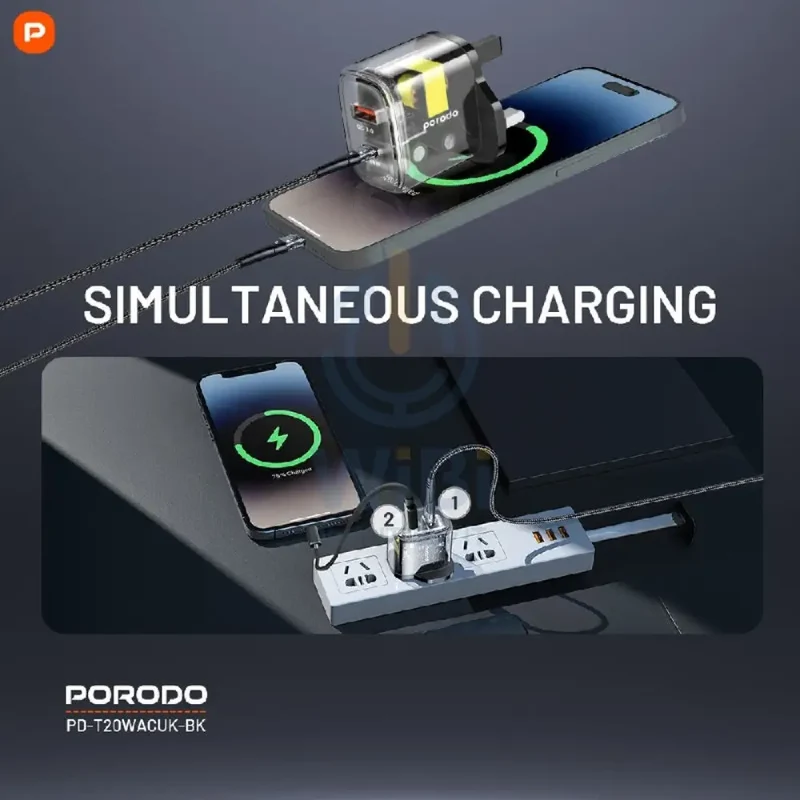 Porodo Dual Output Transparent Quick Charger - USB-C / USB-A / Black