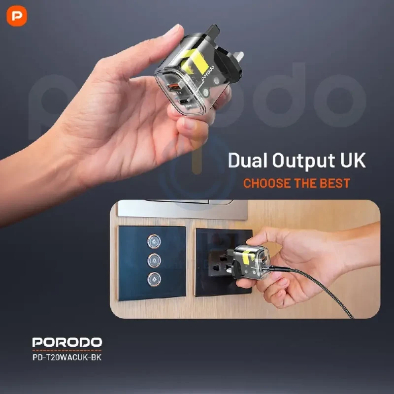 Porodo Dual Output Transparent Quick Charger - USB-C / USB-A / Black