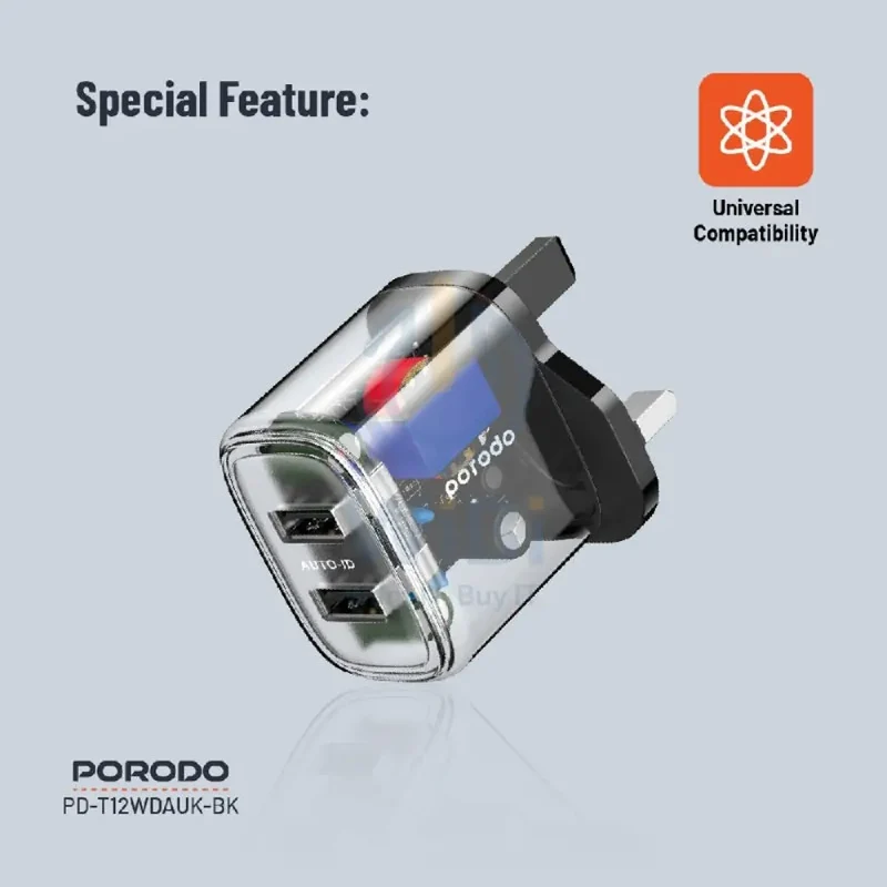 Porodo Dual Output Transparent Charger - USB-C / 12W / Black