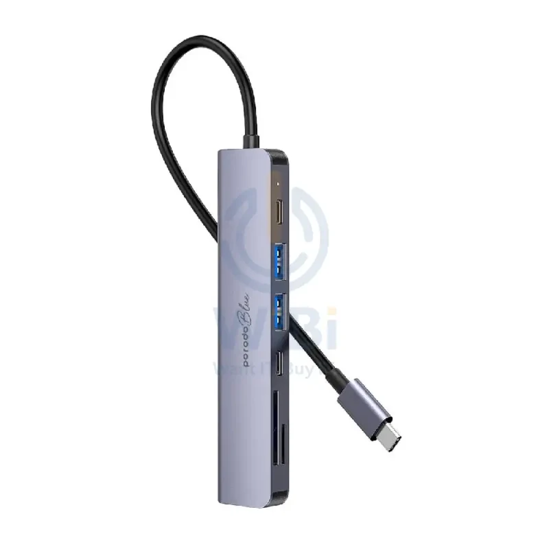 Porodo Blue 7 In 1 Hub - HDMI / 2xUSB-A / 2xUSB-C / SD MicroSD / Grey