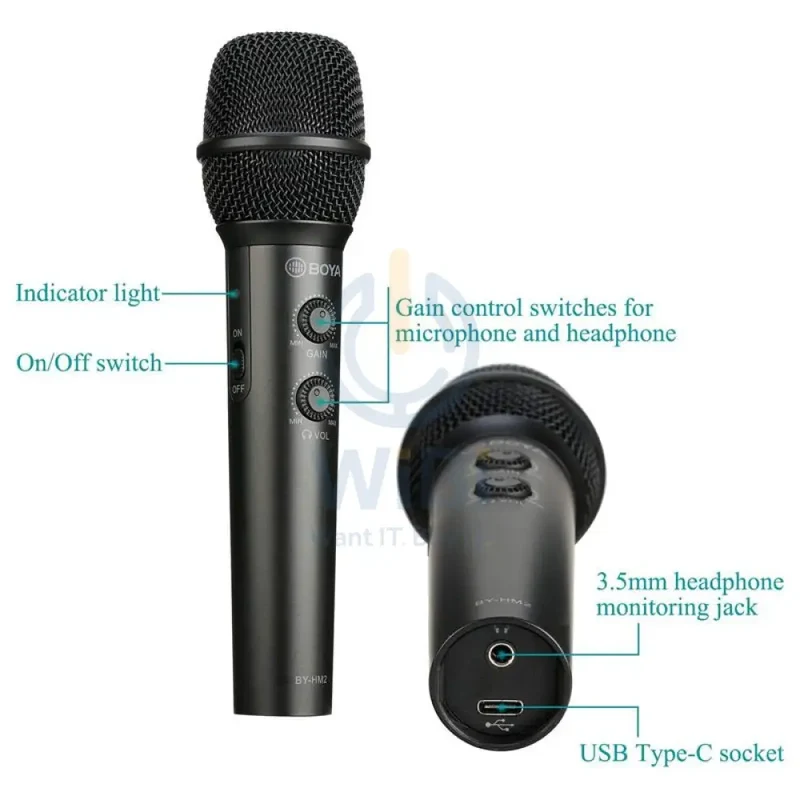 Boya HM2 Universal Digital Cardioid Handheld Microphone - 30Hz / USB / Lightning / Type-C - Black