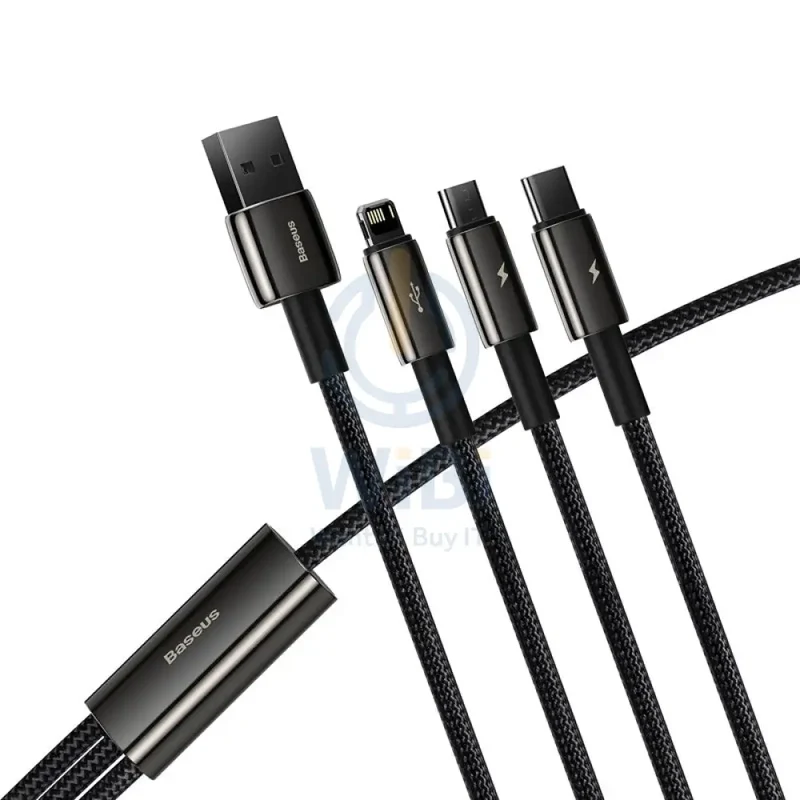 Baseus Tungsten Gold 3 in 1 Fast Data Cable - Micro/USB-C/Lightning/ 3.5a / 1.5 Meter / Black