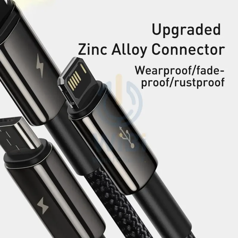 Baseus Tungsten Gold 3 in 1 Fast Data Cable - Micro/USB-C/Lightning/ 3.5a / 1.5 Meter / Black