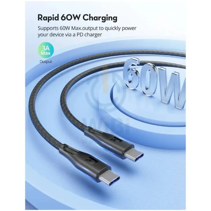 كابل شحن سريع راف باور مجدول بالنايلون - طول 1.2 متر / 60 واط / من USB-C إلى USB-C