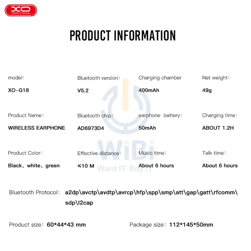 XO G18 TWS In-Ear Bluetooth Earphones - Black