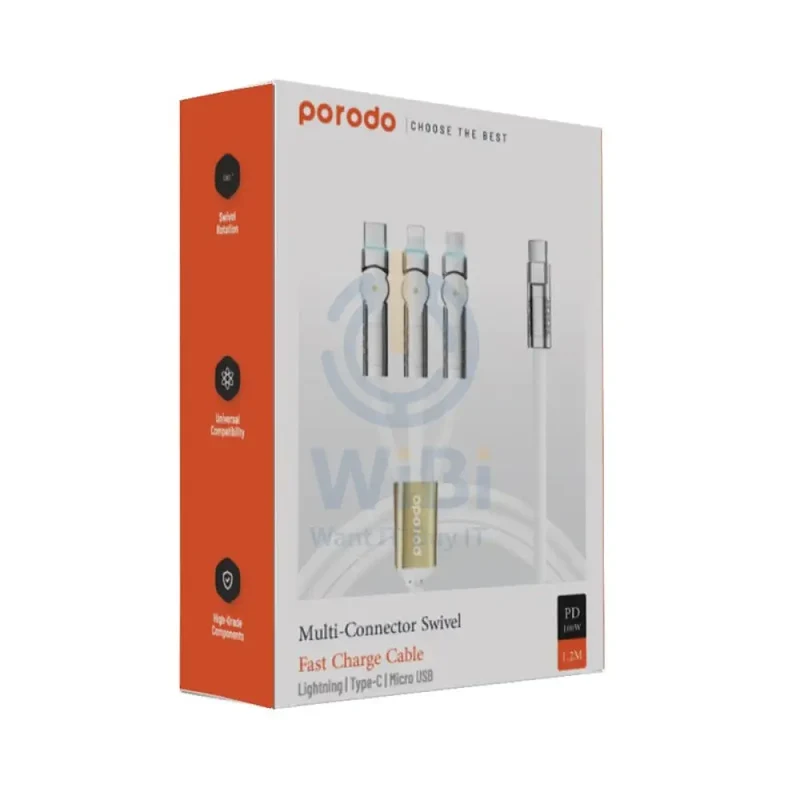 Porodo Three-in-one Multi-Connector Swivel Cable - 100W / 1.2 Meter / White