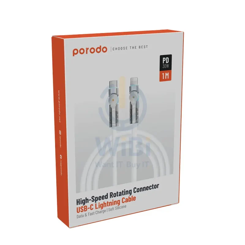 Porodo High-Speed Rotating Connector Data Cable - USB-C / Lightning / 30W / 1 Meter / White