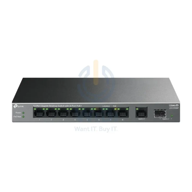 سويتش تي بي لينك (LS1210GP) مكتبي جيجابت 10 منافذ مع 8 منافذ PoE+ - سرعة 20 جيجابت في الثانية / LAN