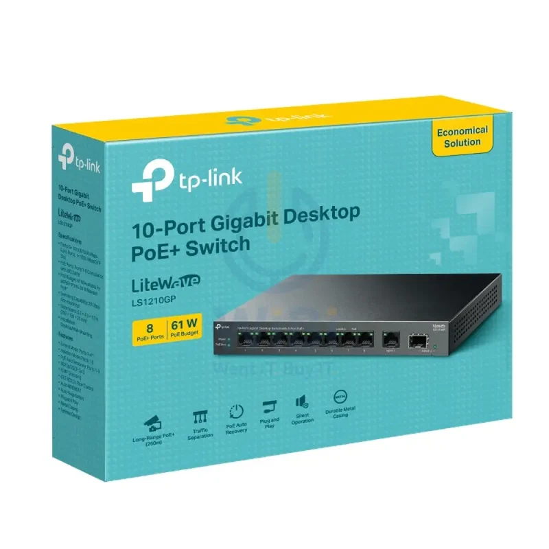 سويتش تي بي لينك (LS1210GP) مكتبي جيجابت 10 منافذ مع 8 منافذ PoE+ - سرعة 20 جيجابت في الثانية / LAN