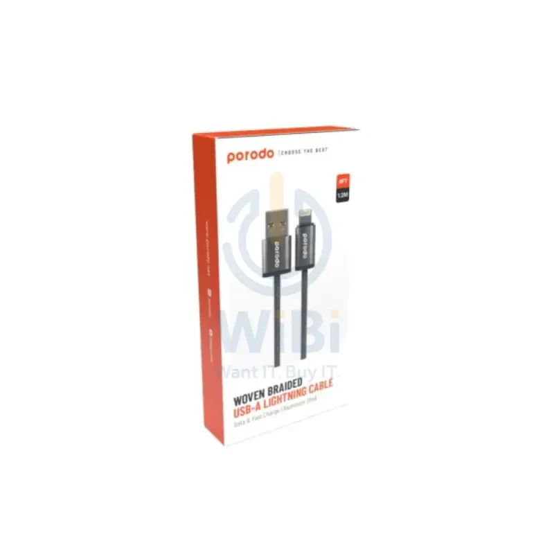 Porodo Woven 2.4A USB A to Lightning Cable 1.2M - Black