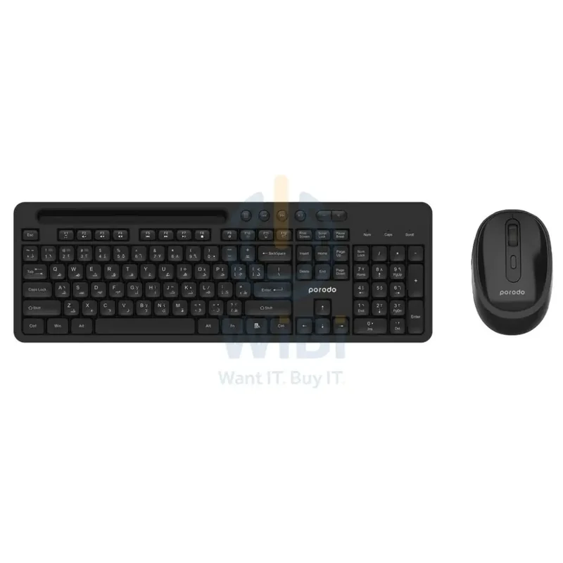 Porodo Wireless 2.4G+BT Keyboard with Pen/Phone Tray and Mouse - Black