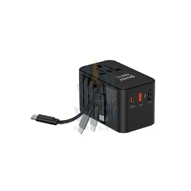 محول سفر إكس باور TA70C بتقنية PD + PPS وGaN مع كابل مدمج، بقدرة 70 واط / أسود