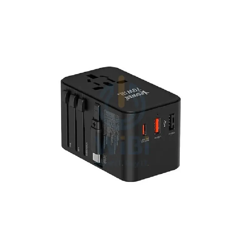 محول سفر إكس باور TA70C بتقنية PD + PPS وGaN مع كابل مدمج، بقدرة 70 واط / أسود
