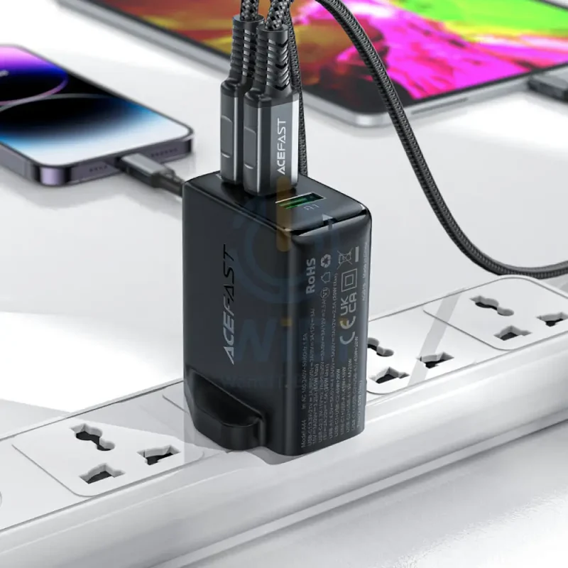 ACEFAST A44 PD65W GaN Fast Charge Wall Charger - 2x USB-C / 1x USB-A / Black