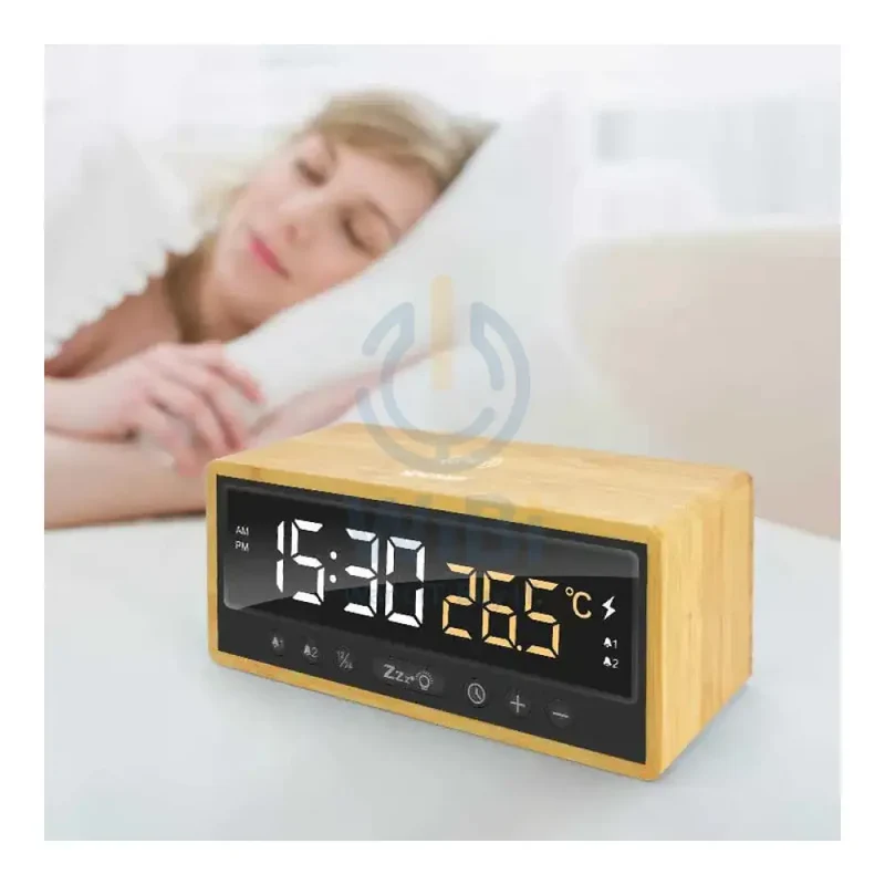 XPower QIC5 4 In 1 Bamboo Alarm Clock With Wireless Charger - 15W / Brown