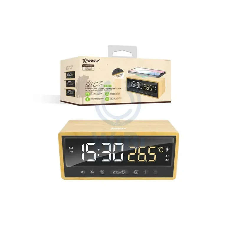 XPower QIC5 4 In 1 Bamboo Alarm Clock With Wireless Charger - 15W / Brown