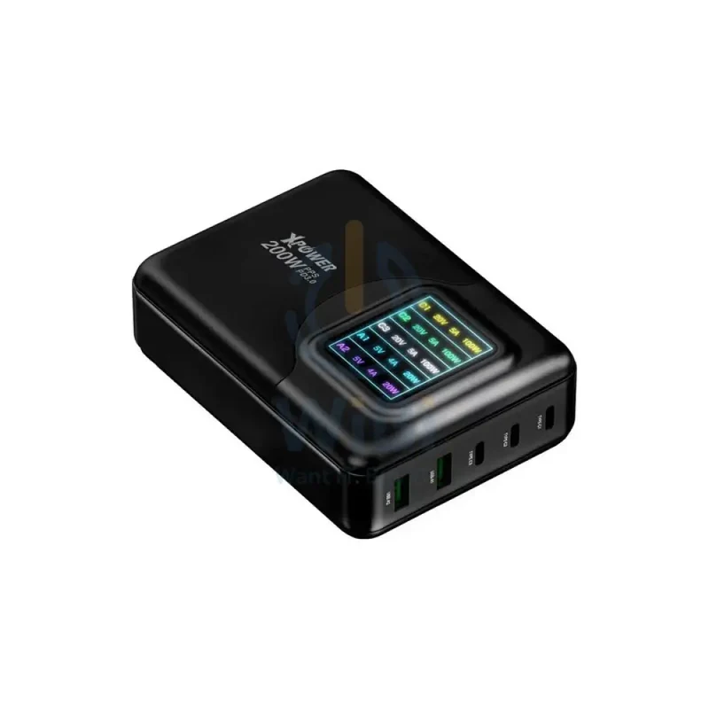 شاحن حائط إكس باور GW200B بـ4 مخارج PD 3.0 وتقنية GaN - 200 واط / أسود
