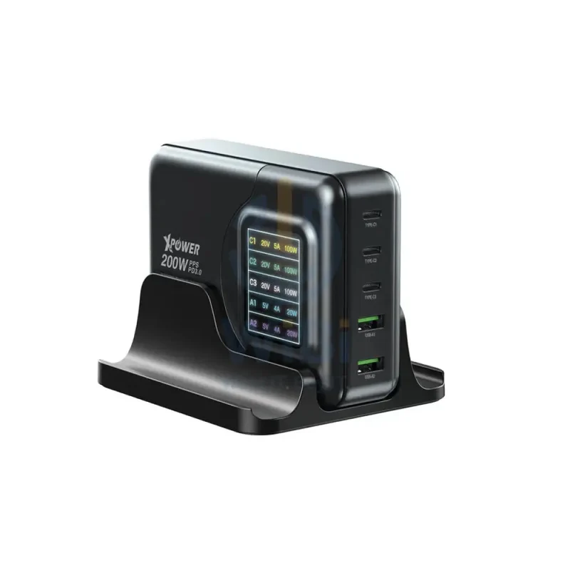 شاحن حائط إكس باور GW200B بـ4 مخارج PD 3.0 وتقنية GaN - 200 واط / أسود