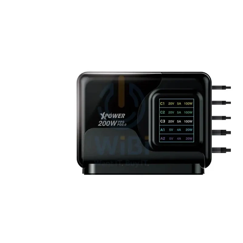 شاحن حائط إكس باور GW200B بـ4 مخارج PD 3.0 وتقنية GaN - 200 واط / أسود