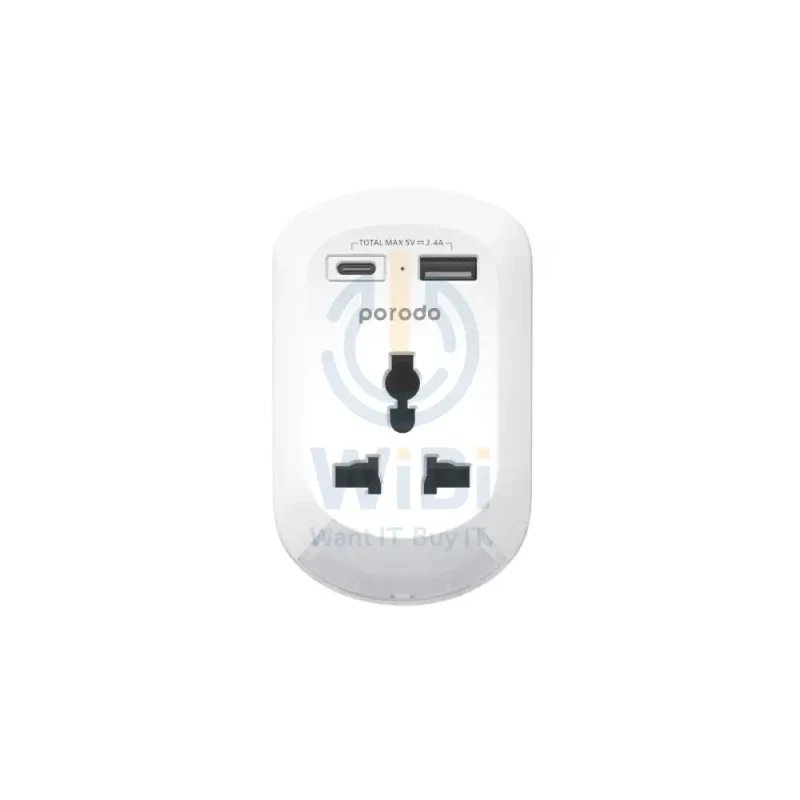 Porodo Universal AC Socket EU Plug Adapter - USB-A / USB-C / White