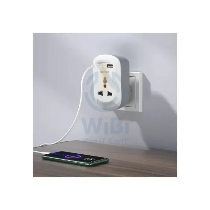 Porodo Universal AC Socket EU Plug Adapter - USB-A / USB-C / White