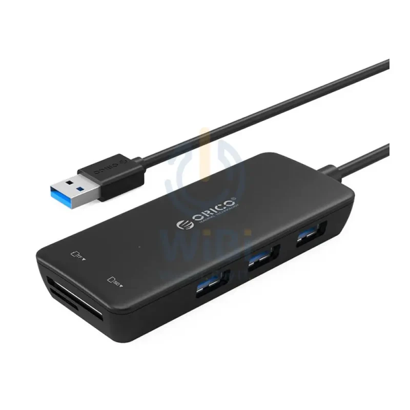 موزع USB أوريكو، USB 3.0 بثلاثة منافذ، قارئ بطاقات، باللون الأسود