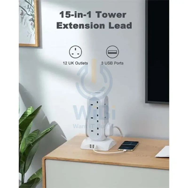 TESSAN 12-Way Multi-Plug Extension - 15W / 1700J / 2 Meter / White