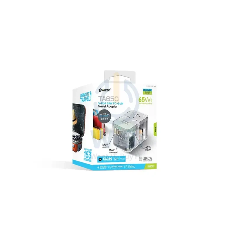 محول سفر إكس باور TA65C بخمسة منافذ وتقنيتي GaN وPD - 65 واط / شفاف