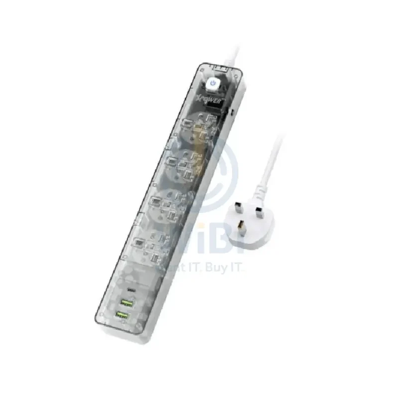 XPower PS4D 7 Output Sockets Power Strip - 3250W / 1 x Type-C / 2 x USB 3.0 / Transparent Black