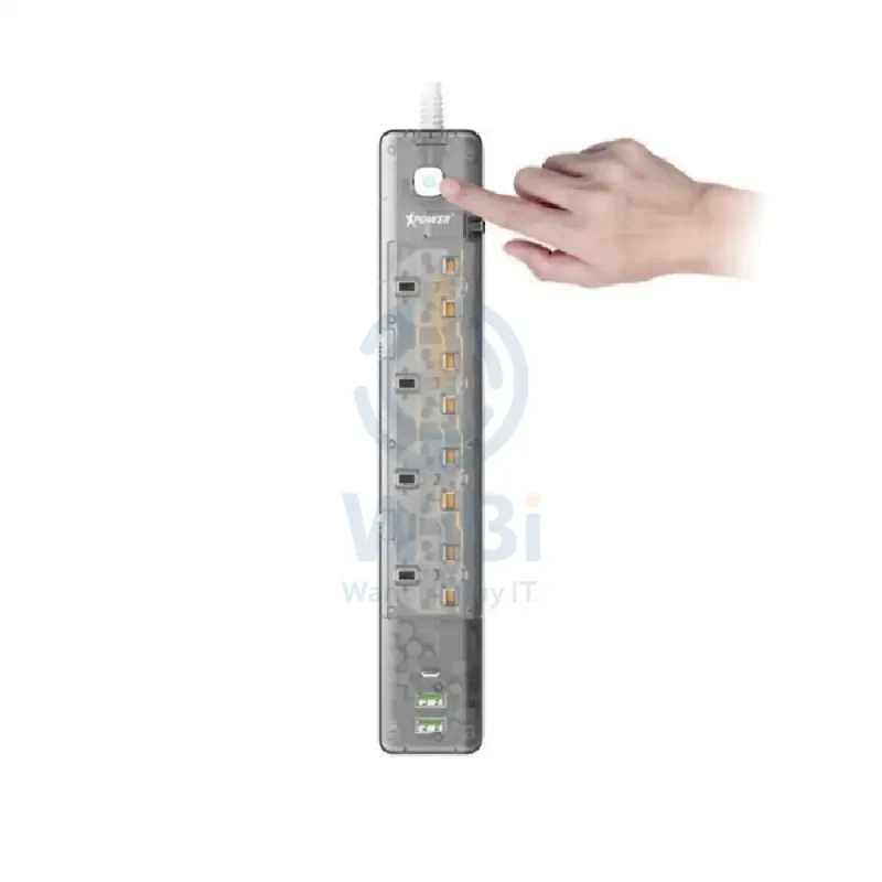 XPower PS4D 7 Output Sockets Power Strip - 3250W / 1 x Type-C / 2 x USB 3.0 / Transparent Black
