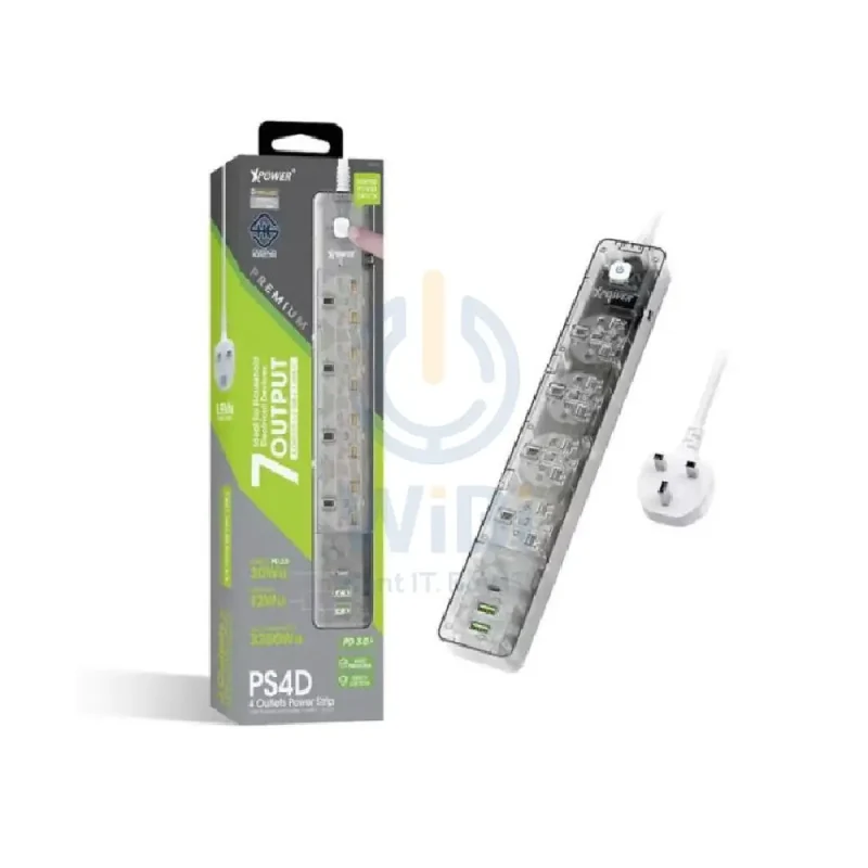 XPower PS4D 7 Output Sockets Power Strip - 3250W / 1 x Type-C / 2 x USB 3.0 / Transparent Black