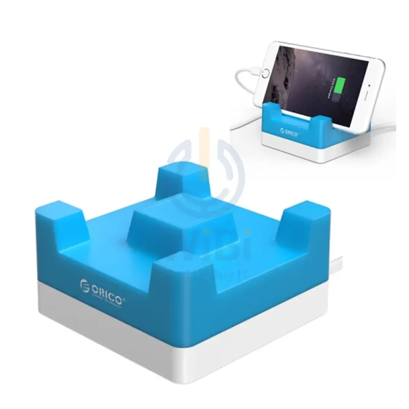 شاحن مكتبي ذكي أوريكو مع حامل هاتف وتابلت - 4 منافذ USB / 20 واط / أزرق وأبيض
