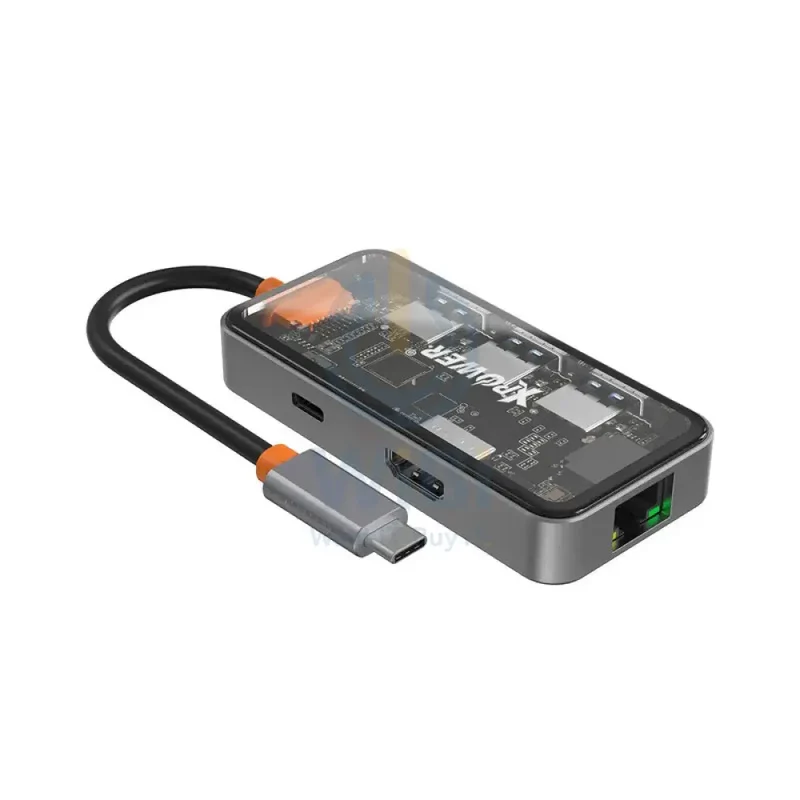 موزع XPower HU62 ‏6 في 1 من Type-C، 100 واط، USB، HDMI، Type-C، RJ45، رمادي شفاف