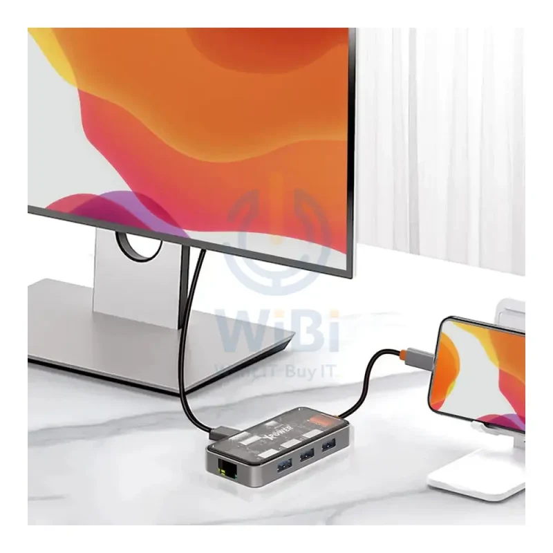 موزع XPower HU62 ‏6 في 1 من Type-C، 100 واط، USB، HDMI، Type-C، RJ45، رمادي شفاف