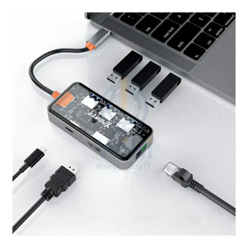 موزع XPower HU62 ‏6 في 1 من Type-C، 100 واط، USB، HDMI، Type-C، RJ45، رمادي شفاف