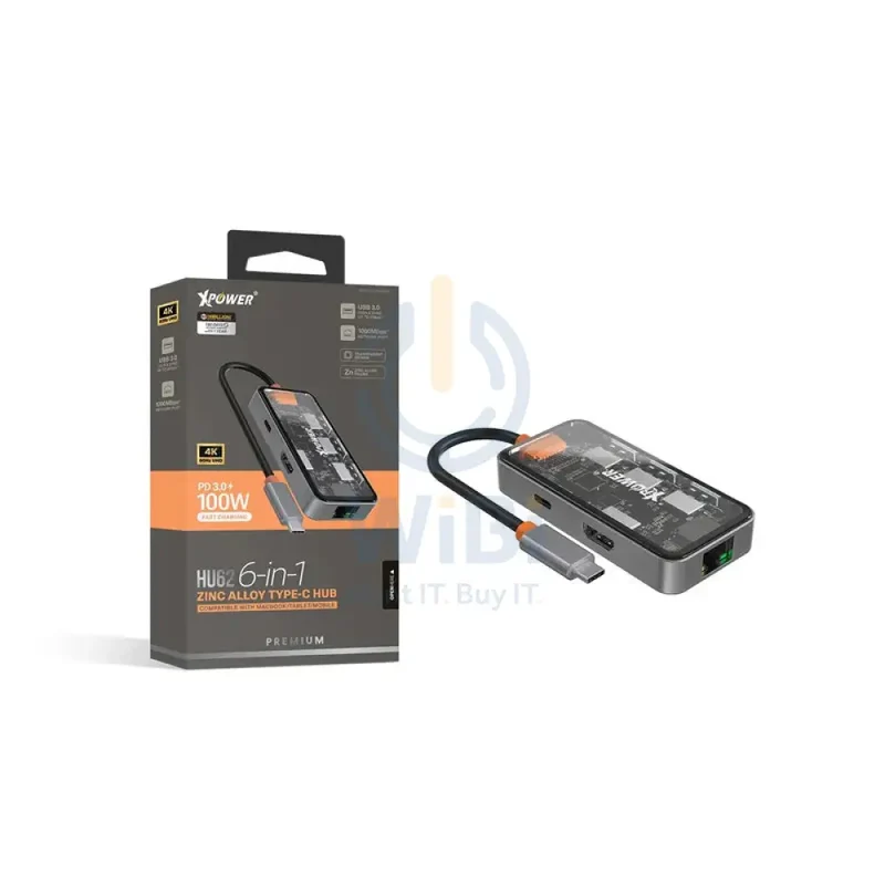 موزع XPower HU62 ‏6 في 1 من Type-C، 100 واط، USB، HDMI، Type-C، RJ45، رمادي شفاف
