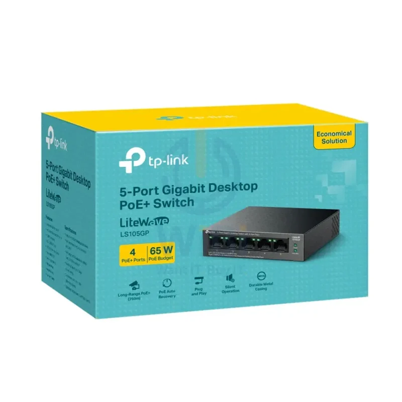 سويتش مكتبي جيجابت تي بي لينك (LS105GP) بـ5 منافذ مع 4 منافذ PoE+ - 10 جيجابت/ثانية / LAN