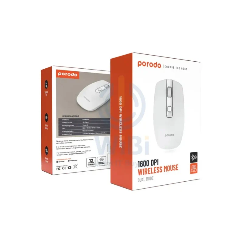 Porodo 2.4G Wireless and Bluetooth Rechargeable Mouse DPI 1600 - White