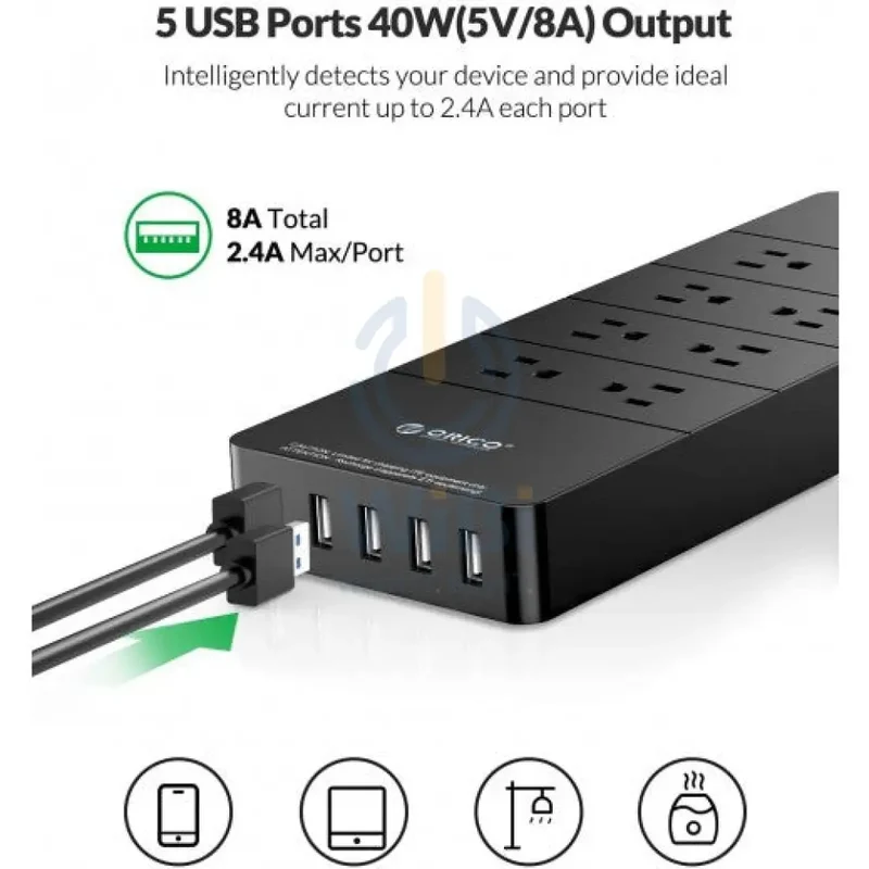ORICO 8 Ac Outlets 5 USB Ports Surge Protector & USB Charger - Black