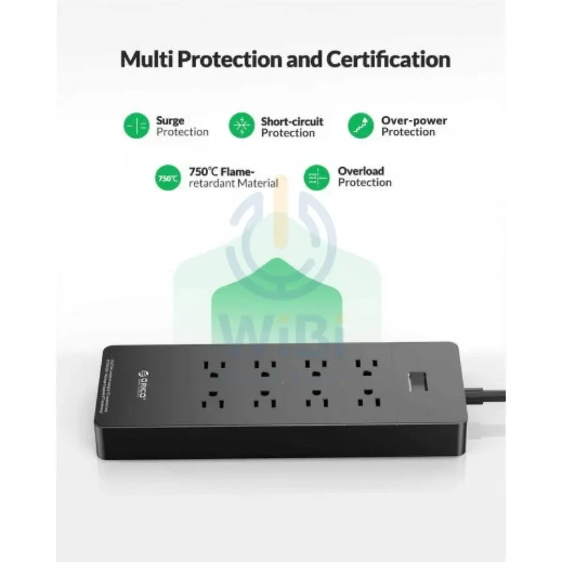 ORICO 8 Ac Outlets 5 USB Ports Surge Protector & USB Charger - Black