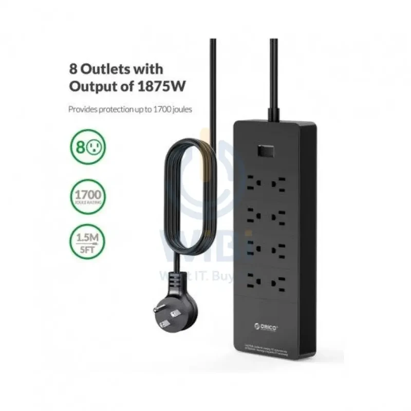 ORICO 8 Ac Outlets 5 USB Ports Surge Protector & USB Charger - Black