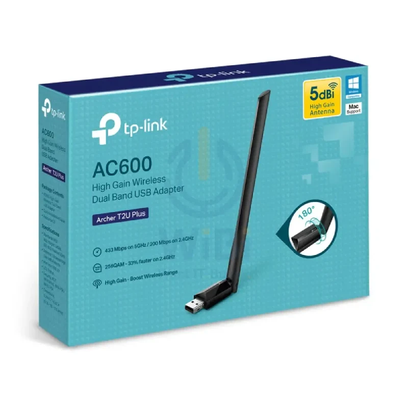 TP-Link (Archer T2U Plus) AC600 High Gain Wireless Dual Band USB Adapter - 5GHz(433 Mbps) / USB