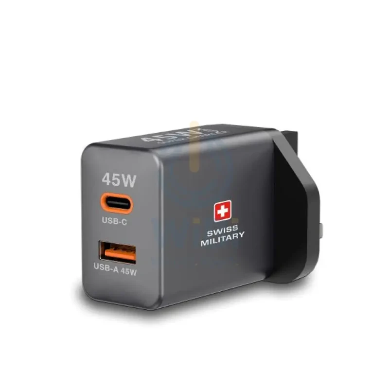 Swiss Military GaN PowerStation with 1Type-C Slot and 1 USB-A Slot with CB-AC60W Cable - 45W / Grey