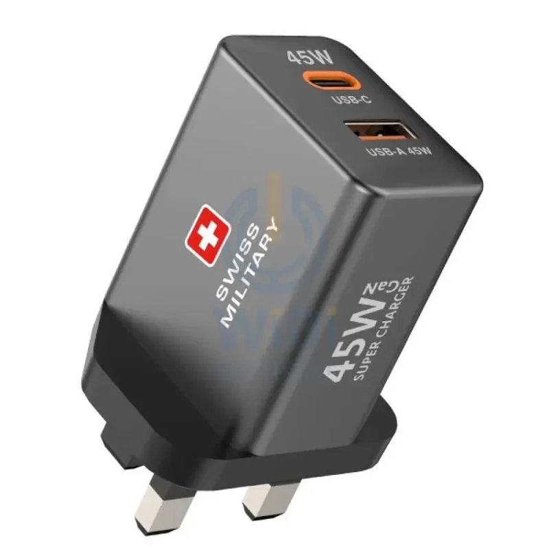 Swiss Military GaN PowerStation with 1Type-C Slot and 1 USB-A Slot with CB-AC60W Cable - 45W / Grey