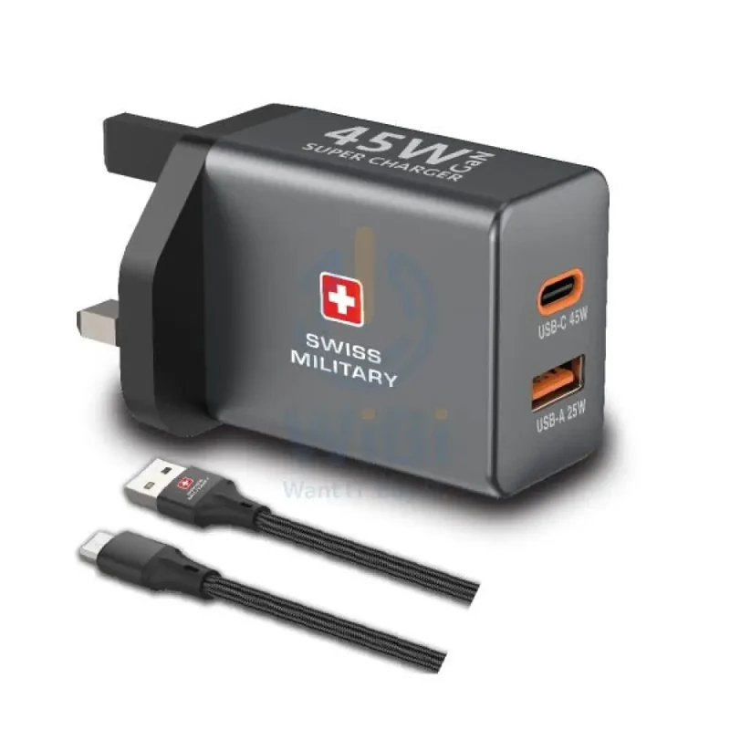 Swiss Military GaN PowerStation with 1Type-C Slot and 1 USB-A Slot with CB-AC60W Cable - 45W / Grey