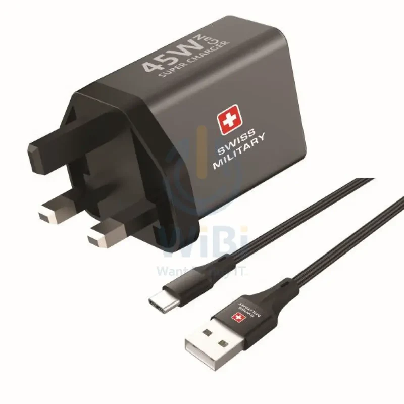Swiss Military GaN PowerStation with 1Type-C Slot and 1 USB-A Slot with CB-AC60W Cable - 45W / Grey