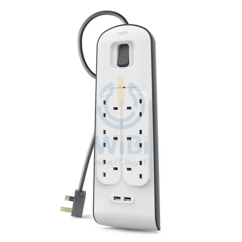 Belkin 6 Way Surge Protection Strip - 2M With 2 X 2.4Amp Usb Charging Power Extension - White