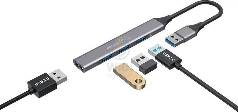 Porodo Blue 4 in1 USB-A Hub to 1 x USB-A 3.0 5Gbps and 3 x USB- A 2.0 480Mbps - Black